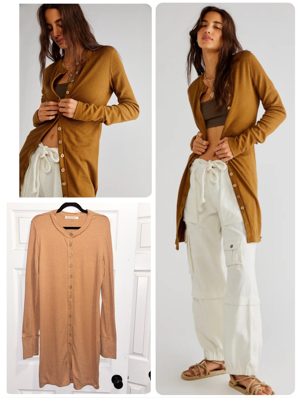 Free People GIA CARDI We The Free Knit Long Cardigan Dress Carmel Tan Size XL